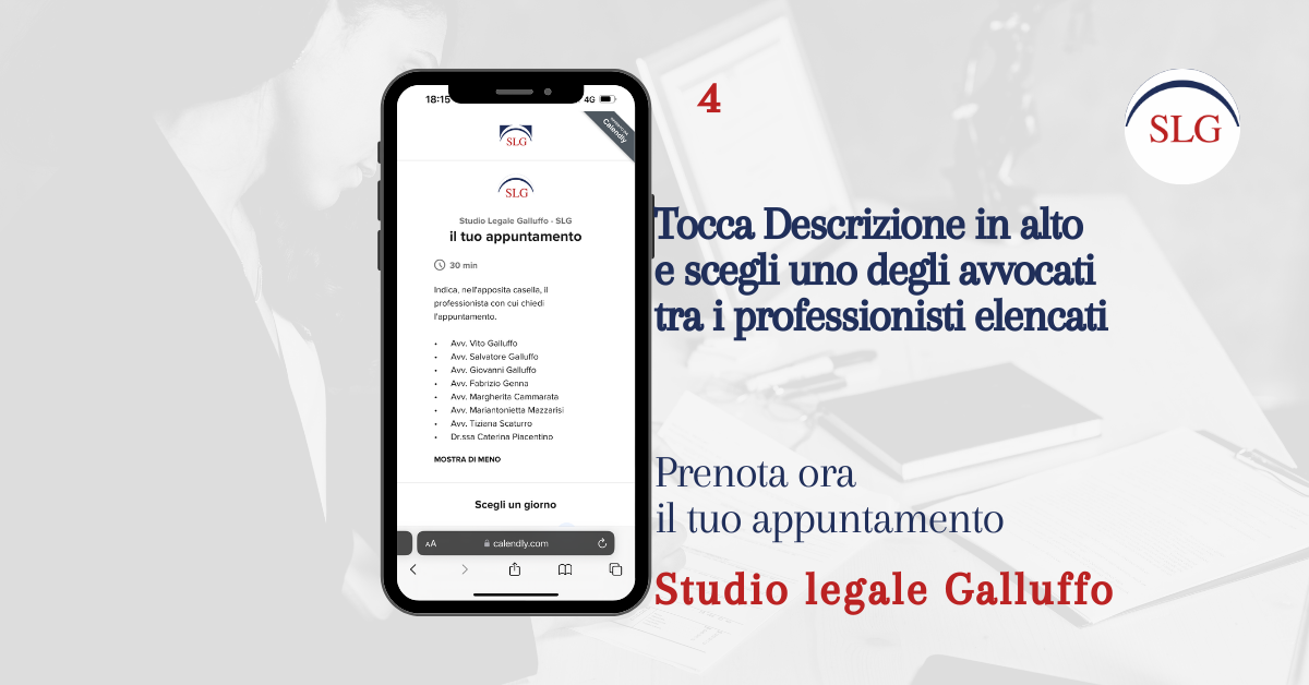 Questa immagine mostra la scritta Tocca Descrizione in alto e scegli uno degli avvocati tra i professionisti elencati