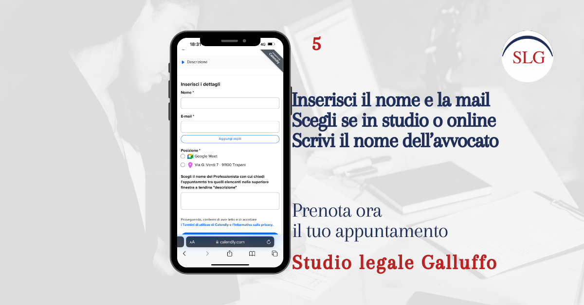 Questa immagine mostra la scritta Inserisci il e la mail, Scegli se in studio o online e Scrivi il nome dell'avvocato