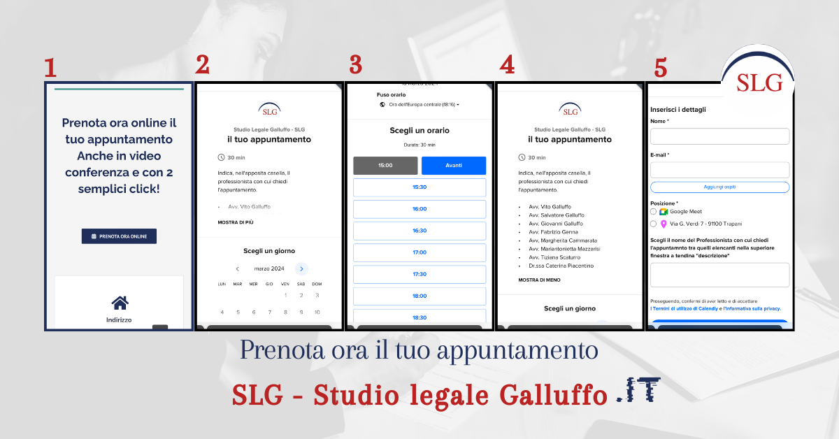 Questa immagine mostra le cinque schermate in sequenza per prenotare un appuntamento con un avvocato dello Studio legale Galluffo